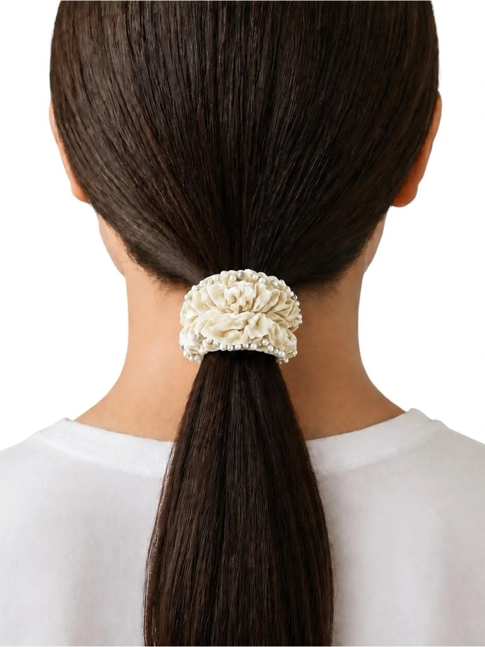 New Cream Ecru Velvet Allover White Pearl Rhinestone Comfy Scrunchie Hair Tie
